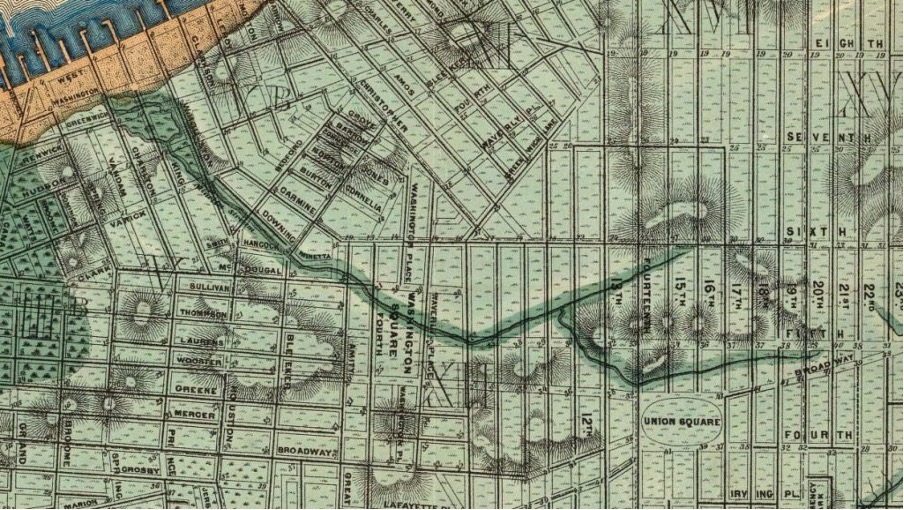 A topographical map of Lower Manhattan showing Minetta Creek flowing southward towards Hudson River, overlayed with street grid as of 1865.