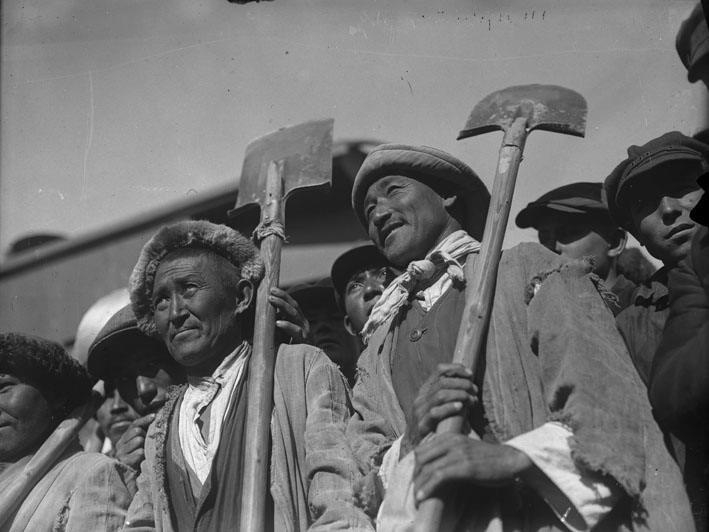 Kazakh workers on the construction of a railway leading to Siberia, circa 1930
