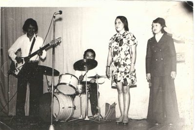 A rare photo of the group with their female lead singers Taskyn Narbaeva and Dariga Dzhapparova.