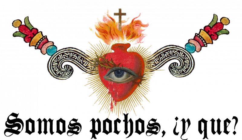 A Catholic Sacred Heart of Jesus emblazoned with an All Seeing Eye, as the Aztec glyph for floricanto/poetry issues for from either side like wings. The text reads "Somos pochos, y que?"